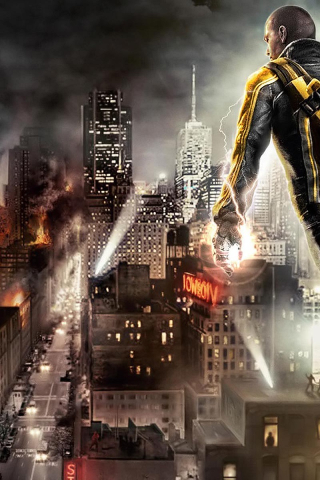 Герой видеоигры смотрит на пылающий город