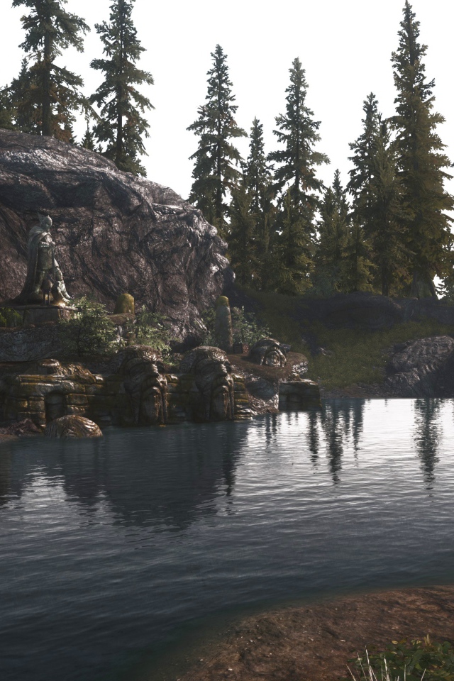 Озеро у камня в игре The Elder Scrolls V Skyrim