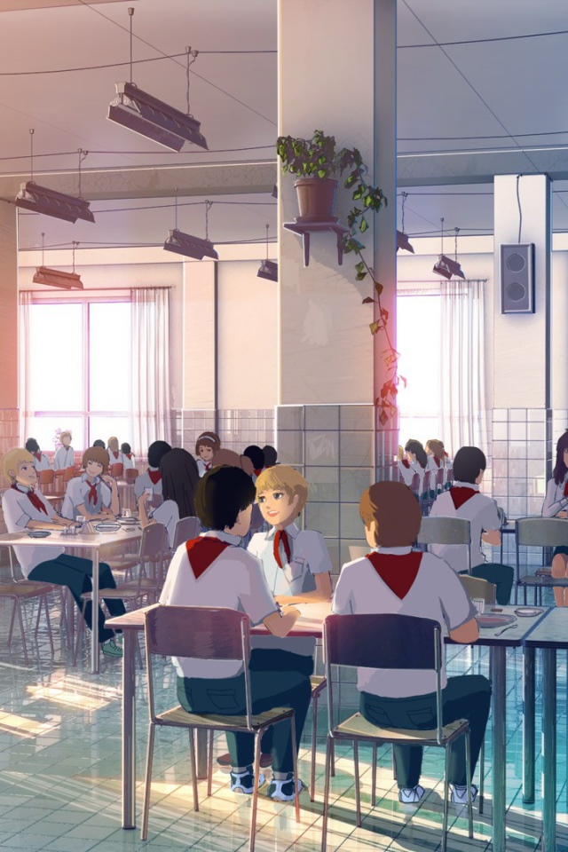 Пионеры в столовой в игре Бесконечное лето