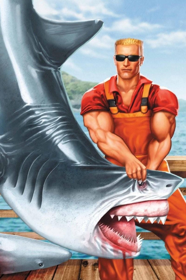 Герой игры Duke Nukem с акулой