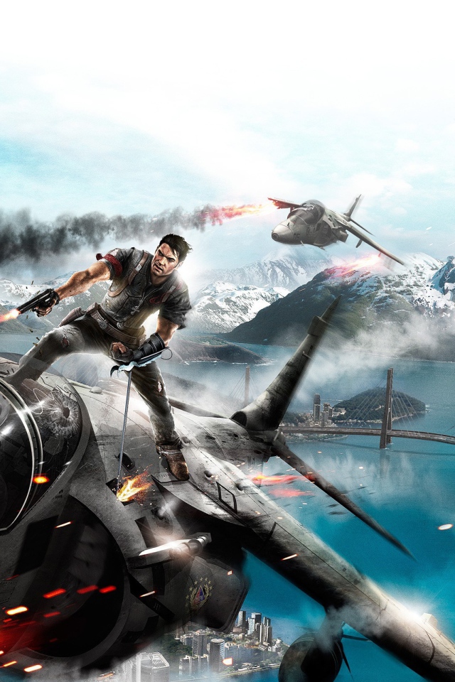 Герой игры Just Cause 2 на крыше истребителя
