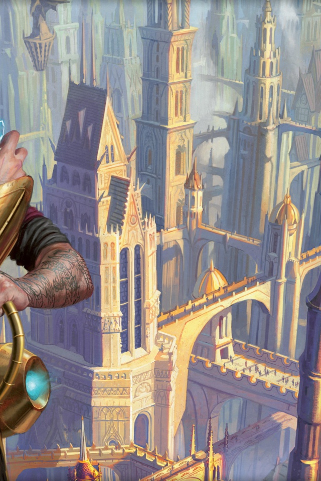 Герой игры Magic the Gathering на фоне города