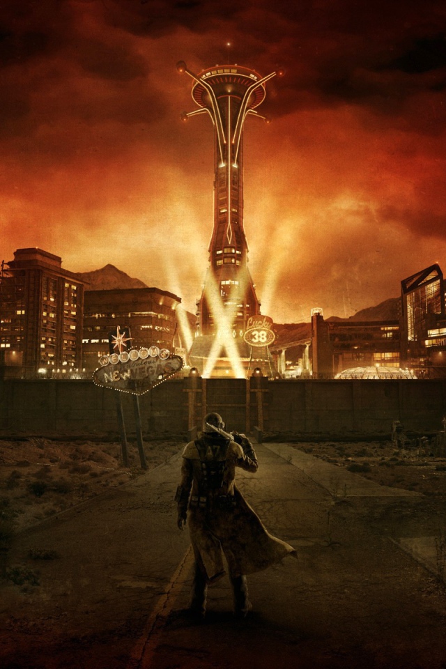 Герой игры перед стеной Нового Вегаса