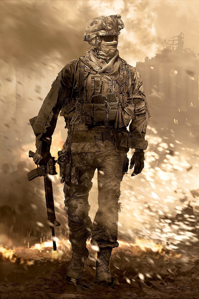 Солдат на фоне руин, игра Call of Duty Modern Warfare 2