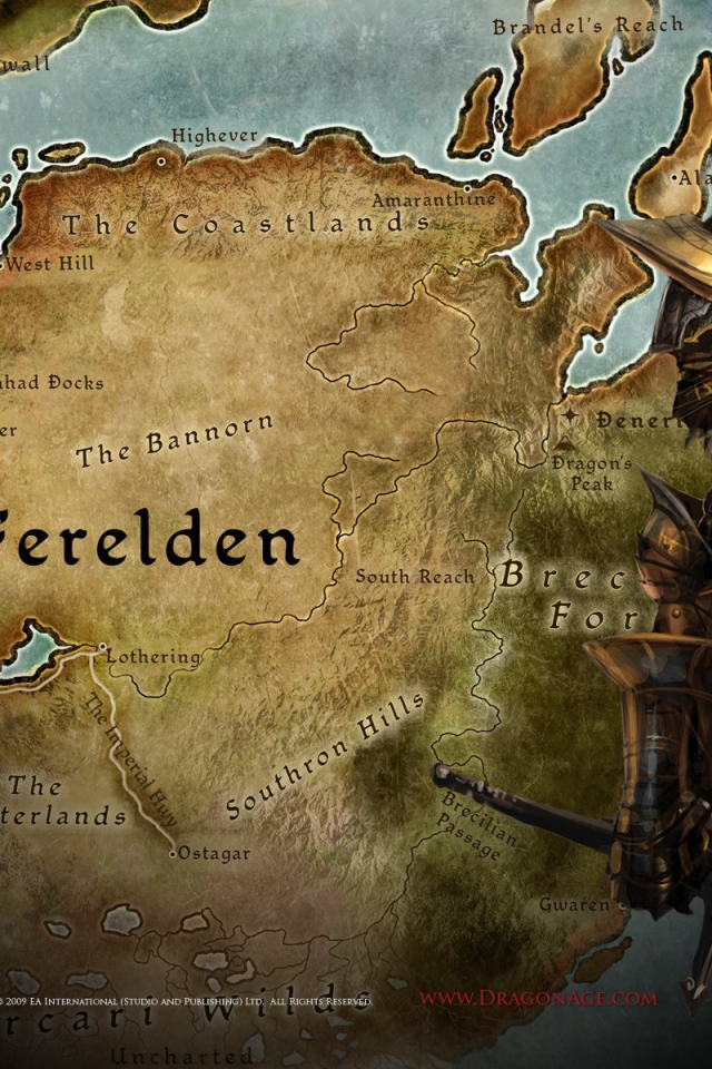 Воин на фоне карты игры Dragon Age Origins