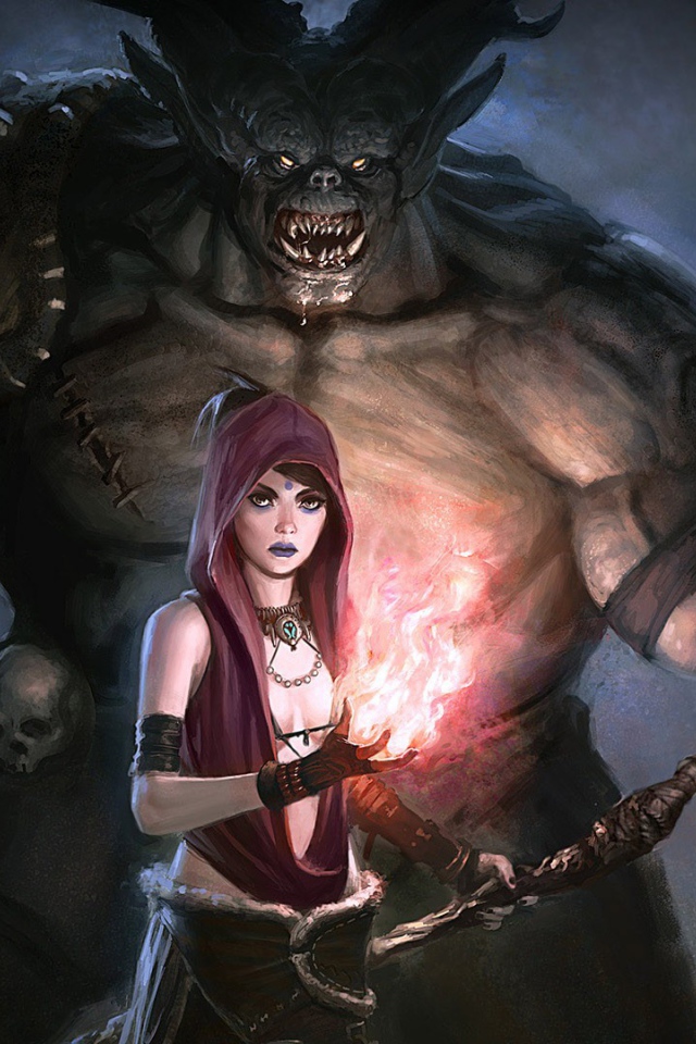 Колдунья с монстром в игре Dragon Age Origins