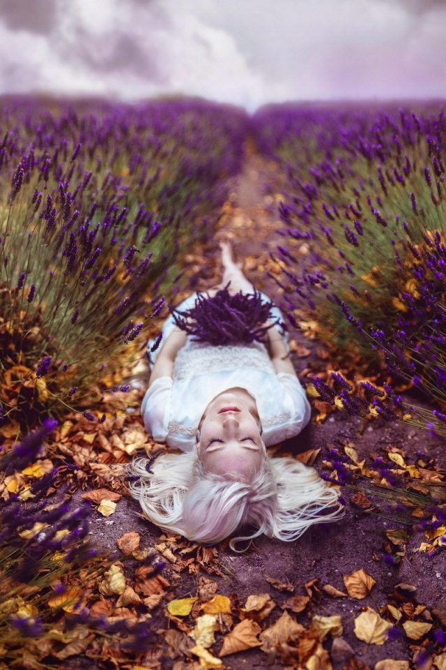 Блондинка лежит на тропе среди поля лаванды