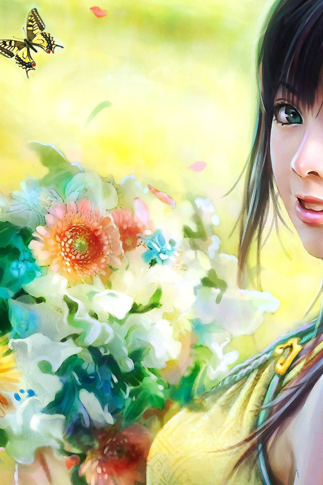 Милая японская девушка с букетом цветов