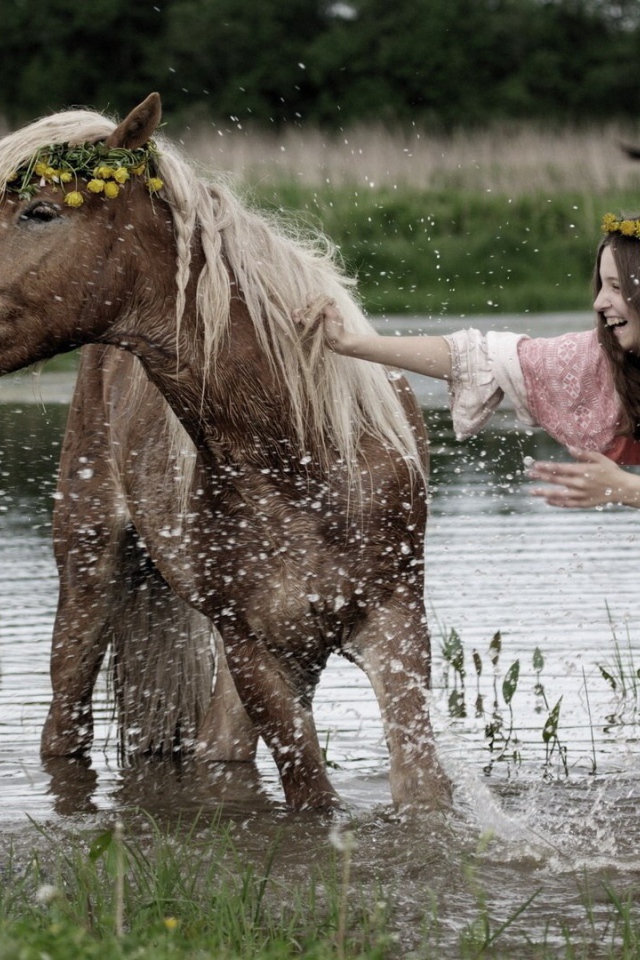Девушка купает лошадь