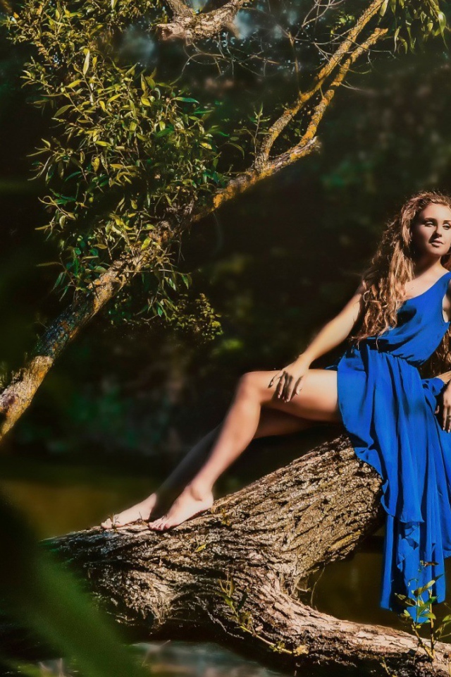 Девушка в голубом платье на дереве