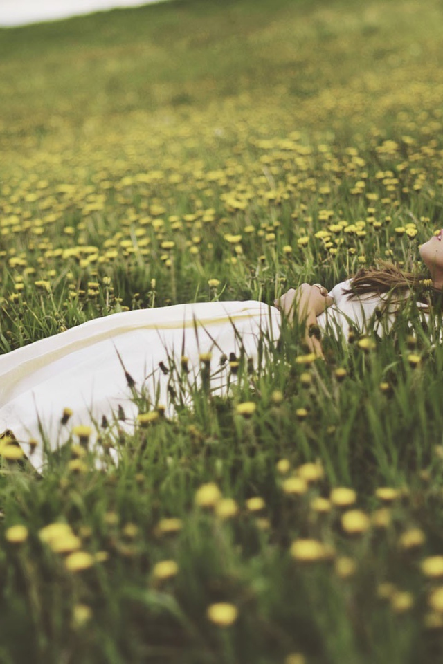 Девушка лежит в поле среди одуванчиков