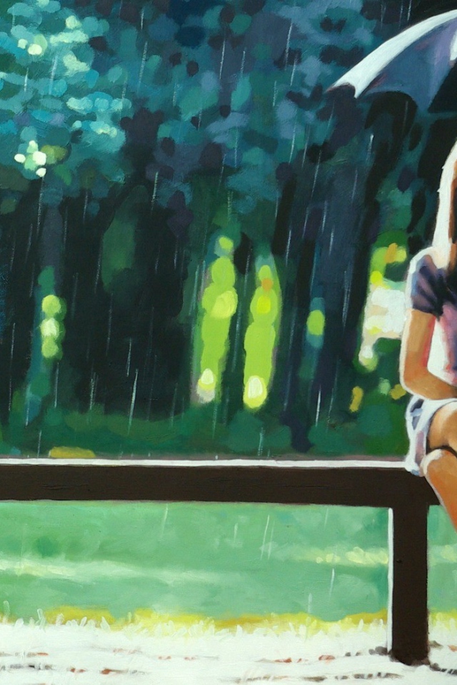 Девушка на скамье под зонтом