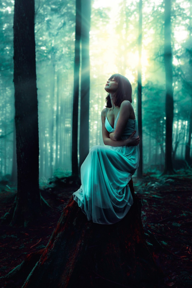 Девушка сидит на старом пеньке