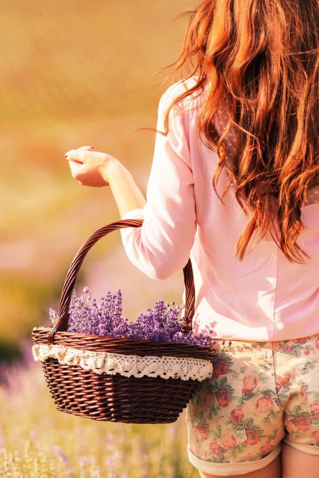 Девушка с корзинкой фиолетовых цветов