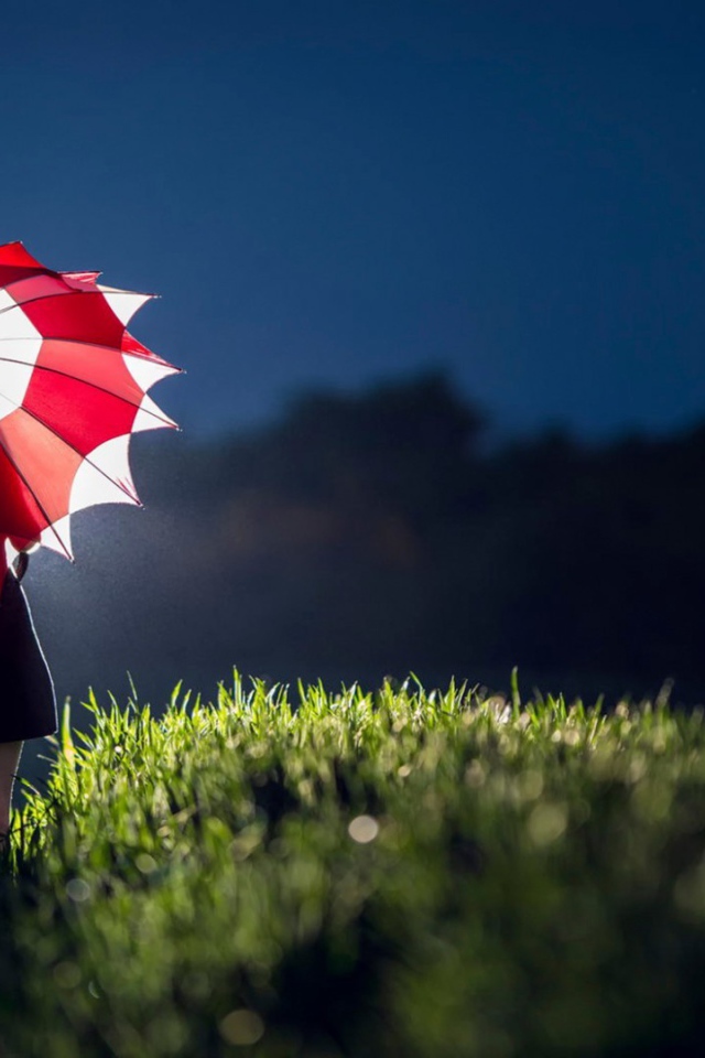 Девушка с красным зонтом в траве