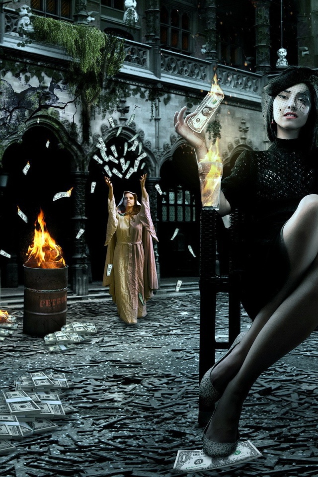 Девушки жгут доллары