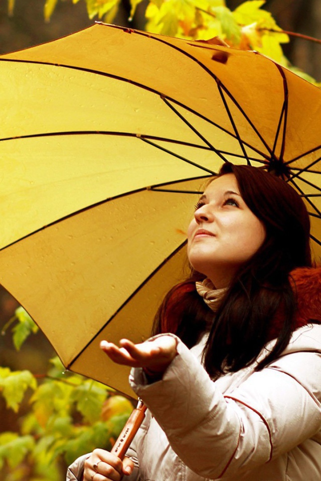 Милая девушка ловит капли осеннего дождя