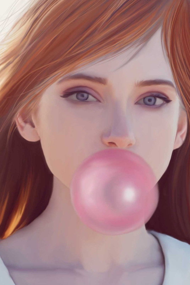 Рыжая девушка с розовой жевачкой