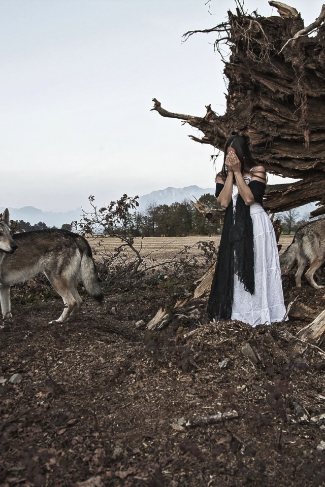 Девушка закрыла лицо в окружении волков