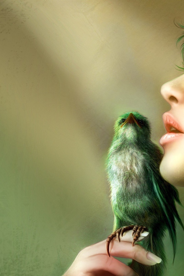Птица на руке зеленоволосой девушки