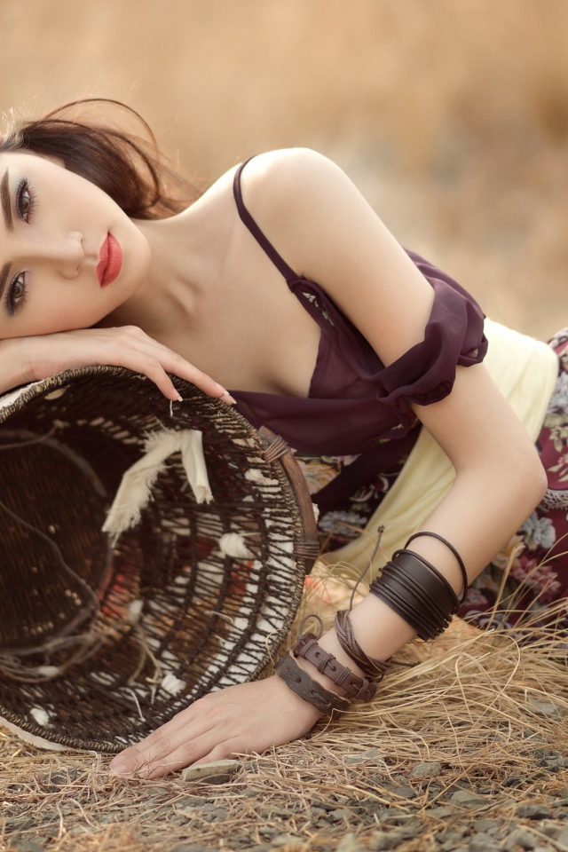 Модель брюнетка позирует с корзиной