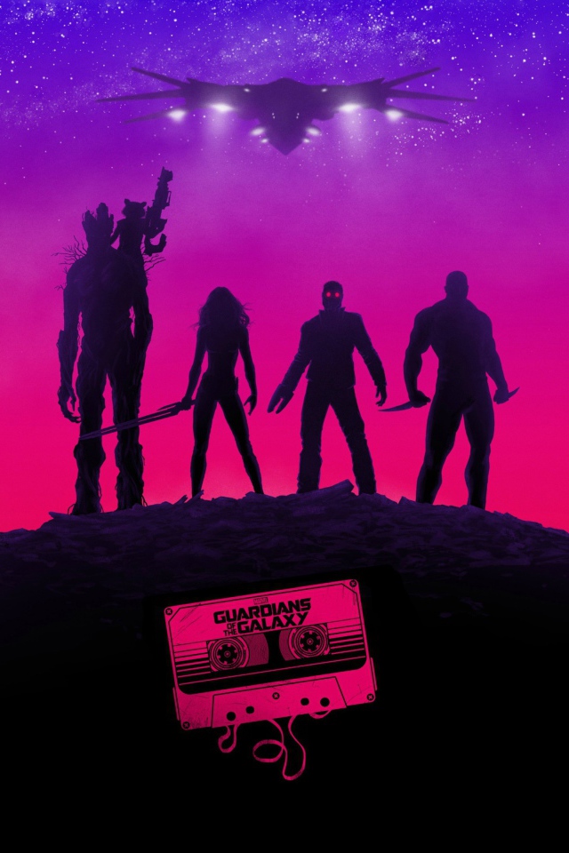 Силуэты Хранителей галактики на розовом фоне