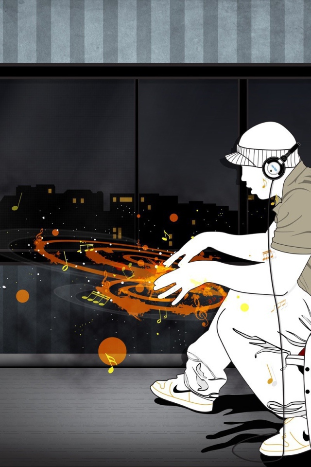 Диджей наушниках с воображаемым пультом