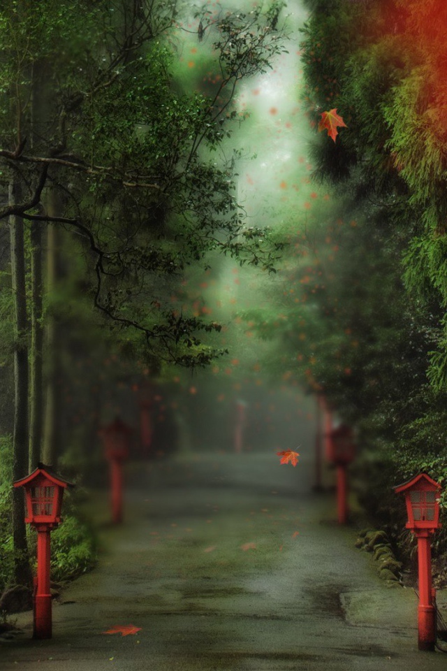 Аллея в парке с фонарями