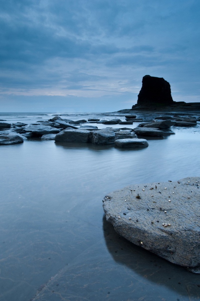Плоские камни в серой воде у берега