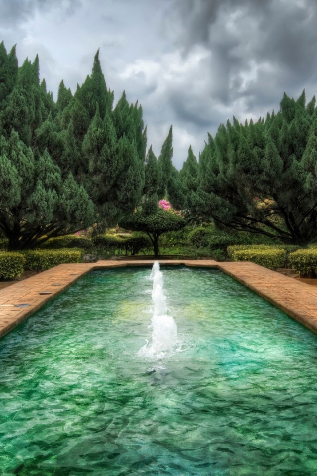 Пруд с фонтанами в саду