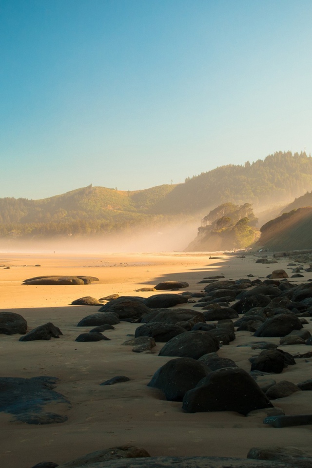 Черные круглые камни на песке пляжа