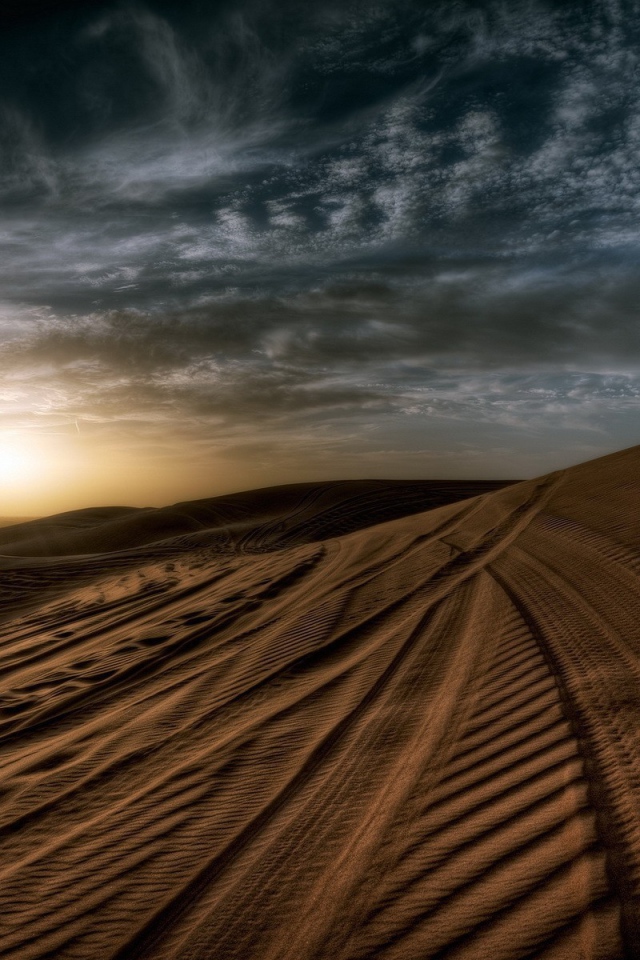 Следы шин на песке в пустыне