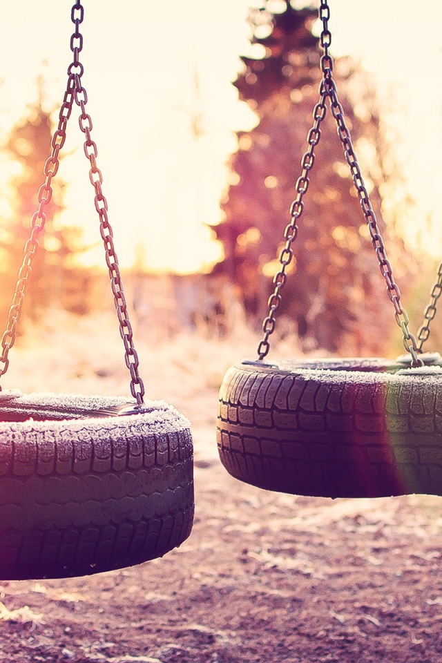Иней на качелях из шин