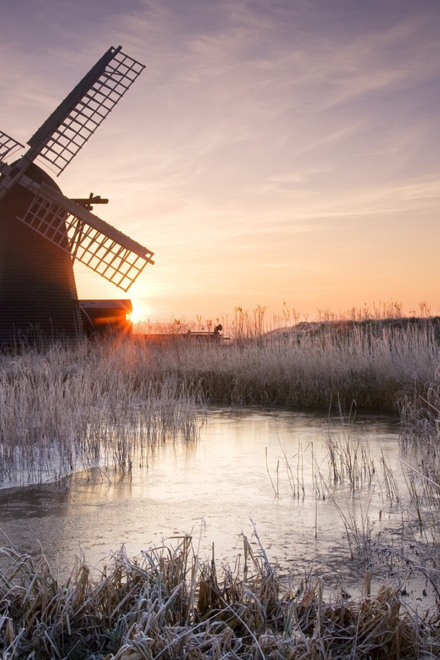 Мельница среди покрытого инеем сушняка