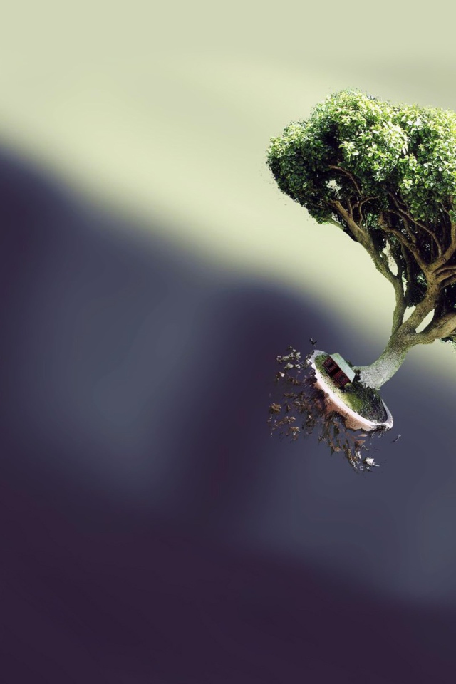 Летающее дерево на темном фоне