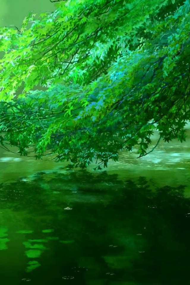 Зеленая ветка склонилась над водой