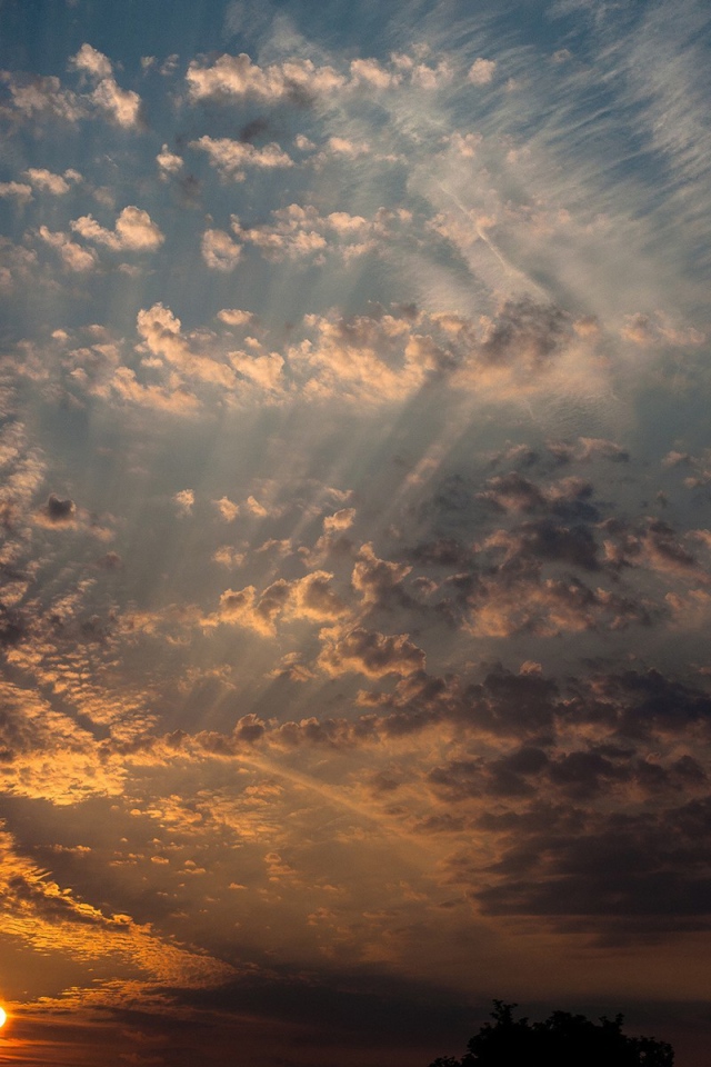 Солнце на закате освещает перистые облака