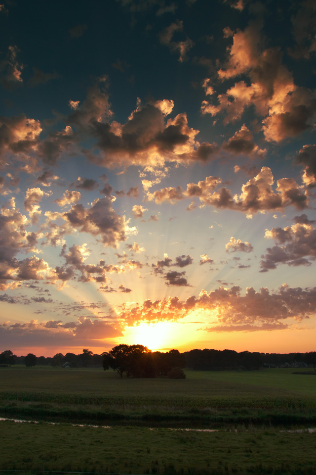 Закат на поле у реки