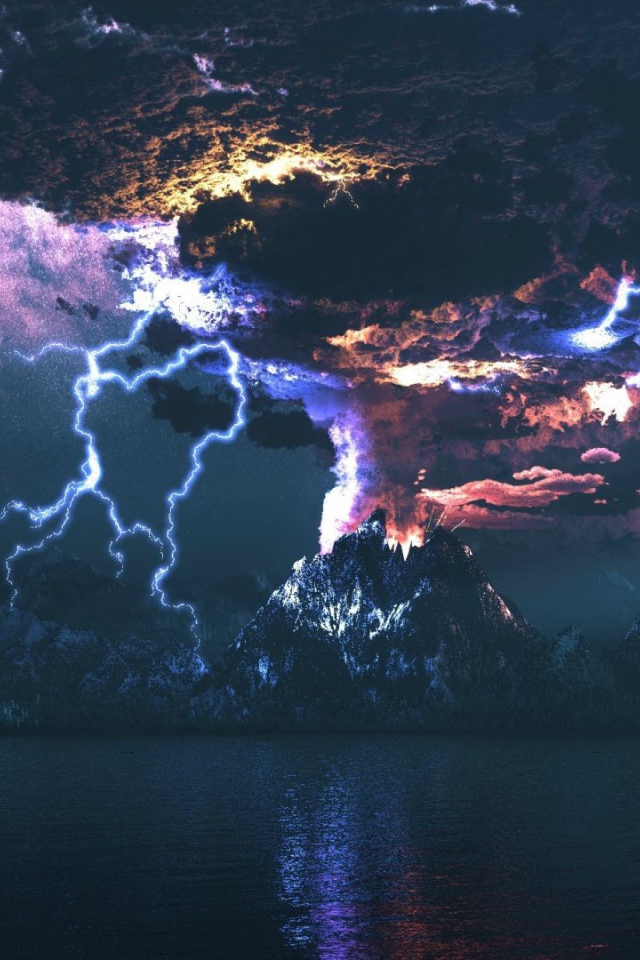 Извержение вулкана в ночи