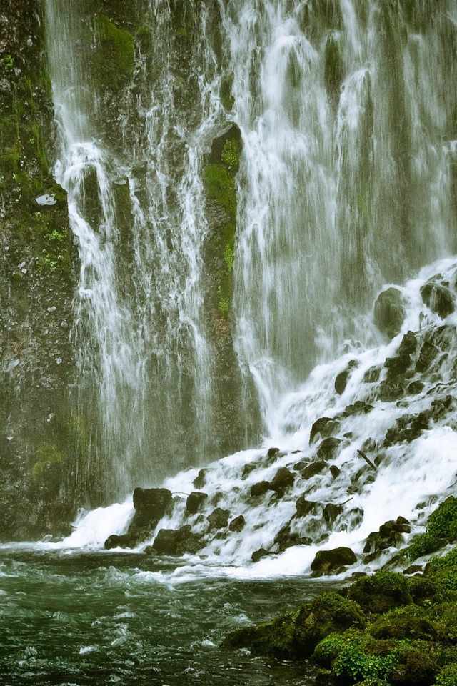 Брызги и потоки водопада среди зелени