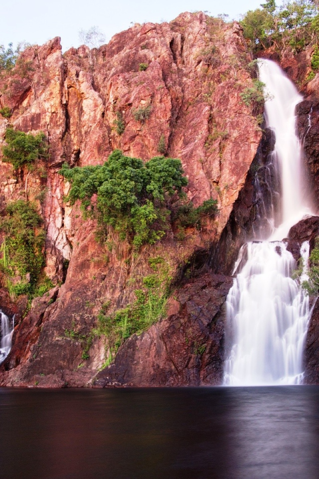 Зелень на розовых скалах с водопадом