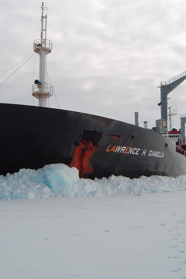 Black ship stuck in ice