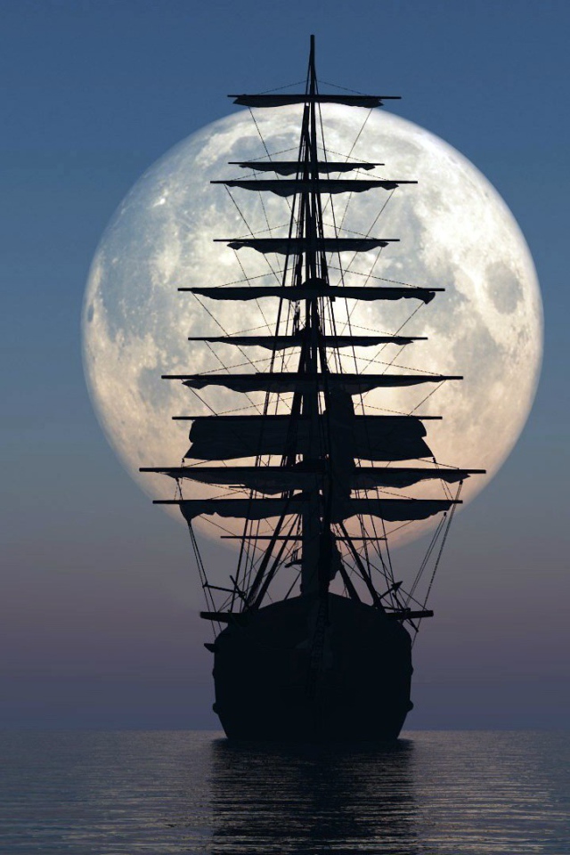 Силуэт парусника на фоне луны