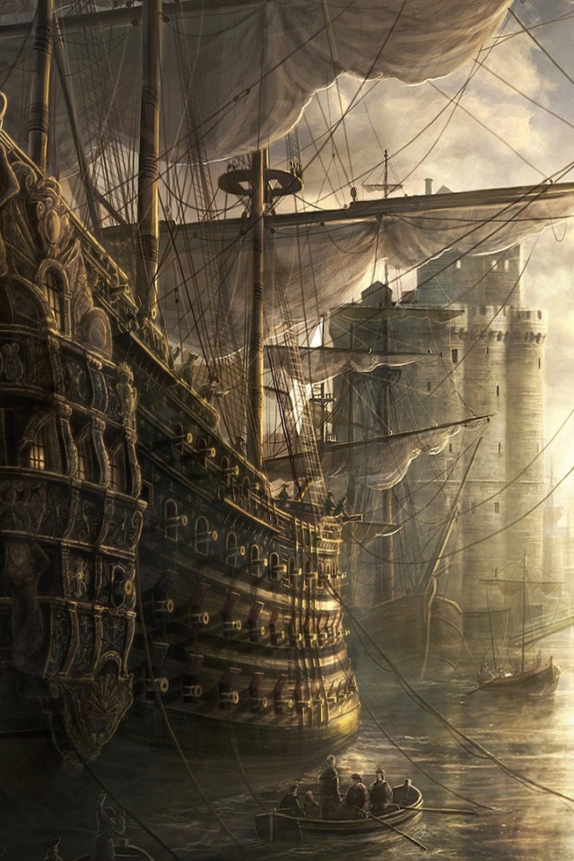 Старинные парусные корабли в порту