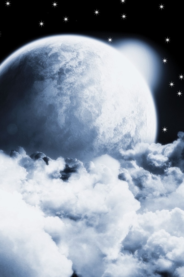 Серая планета в облаках на фоне звезд