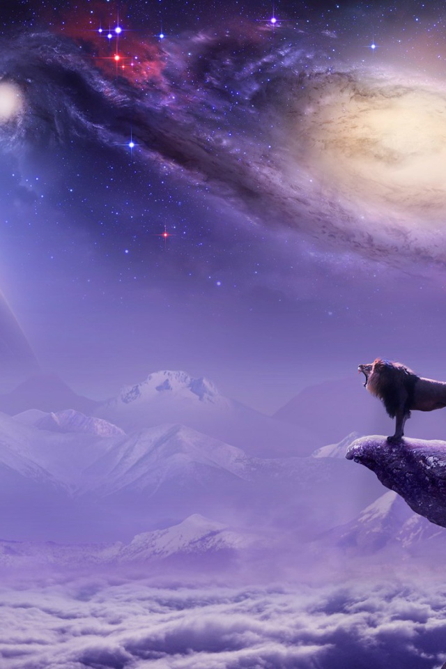 Лев на фоне галактики