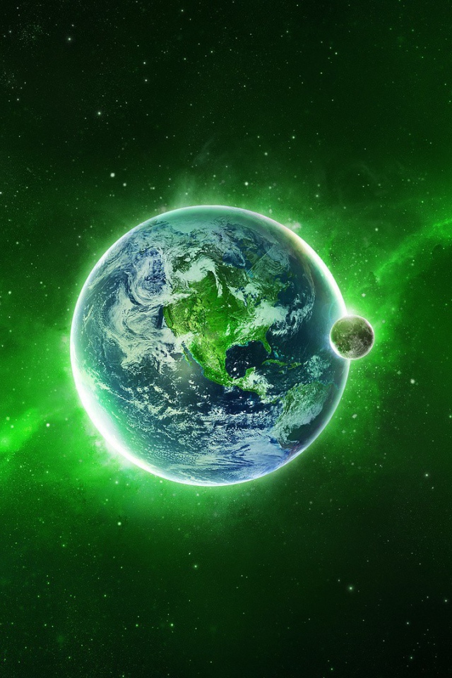 Наша планета на фоне зеленой туманности