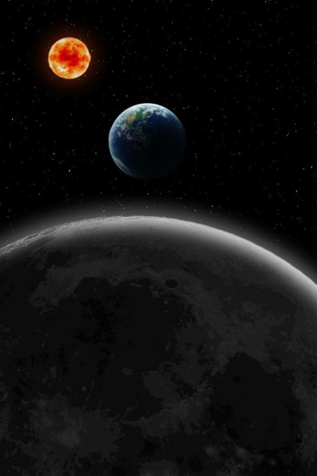 Луна, Земля и Солнце на фоне звезд