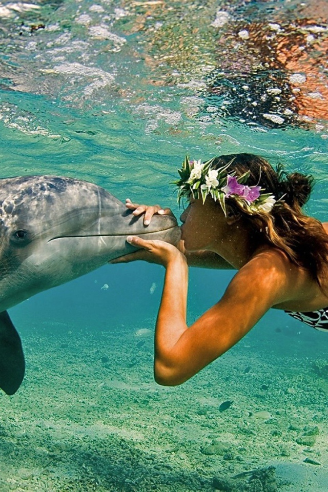 Girl and dolphin underwater, Hawaii