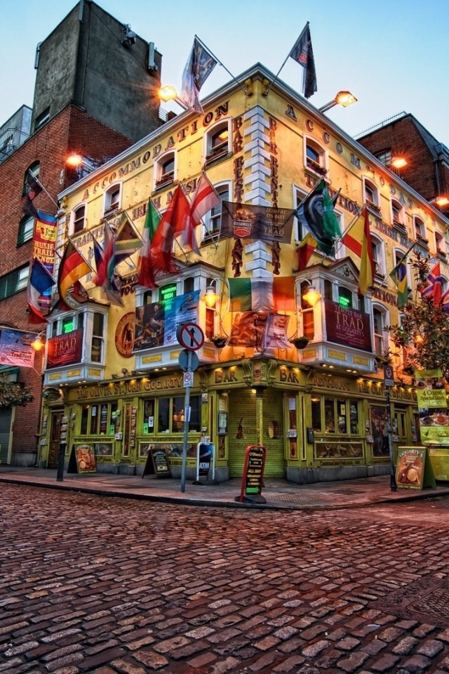 Bar with flags on a street corner in Dublin